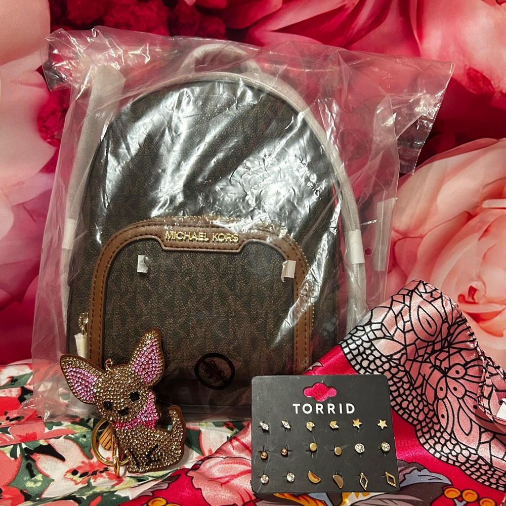 Michael Kors Brown and White Monogram Mini Backpack with Tan Trim